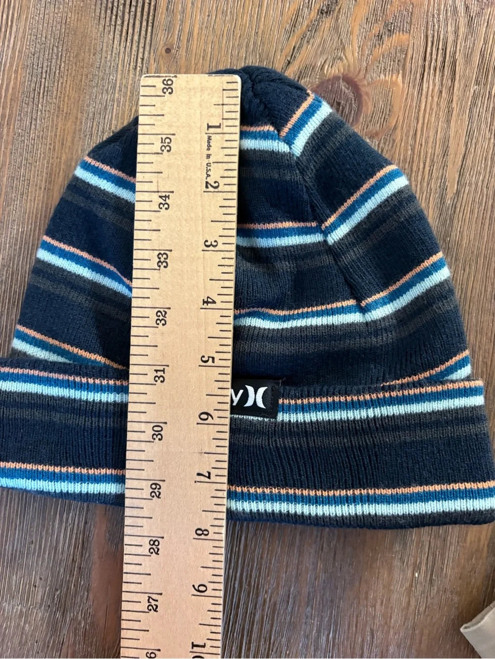 Hurley Youth Beanie Knit Hat Blue Black Orange Striped Fold Over Cuff Winter Cap